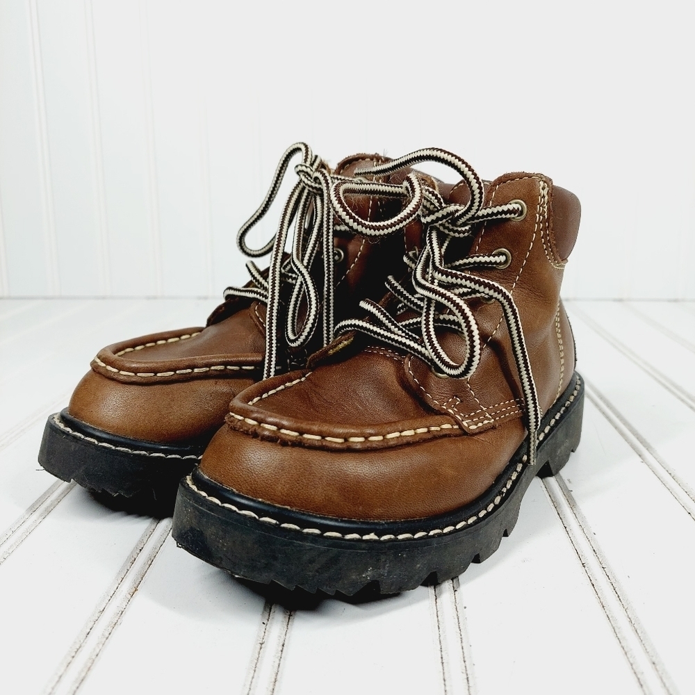 GAP Brown Leather Lace Up Kids Statement Stitching Comfy Boots A276 - Picture 3 of 12